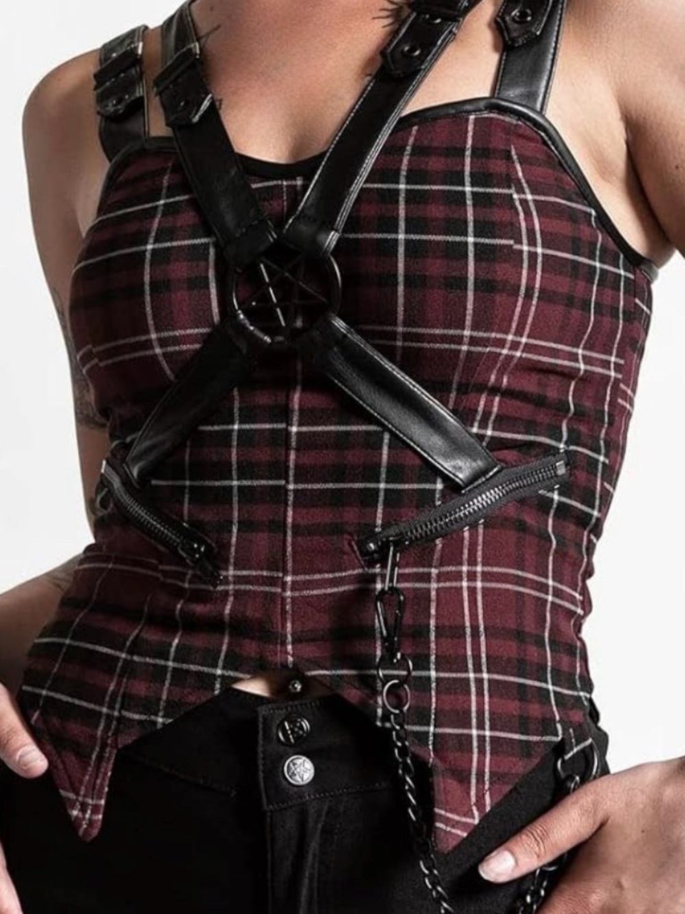 KILLSTAR Jaded Plaid Pentagram Bondage Chain Strap Gothic Punk Top - Sz Medium